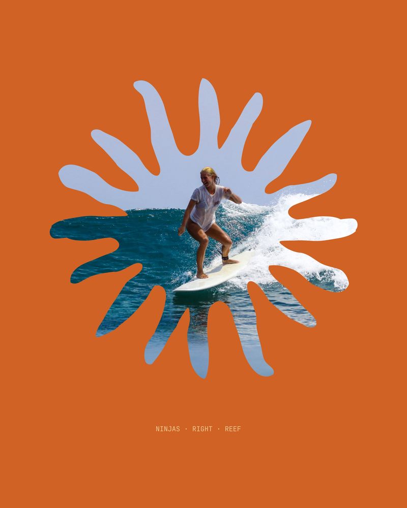 A surfer trimming across a clean wall at Ninjas, cut into the ONA sun motif
